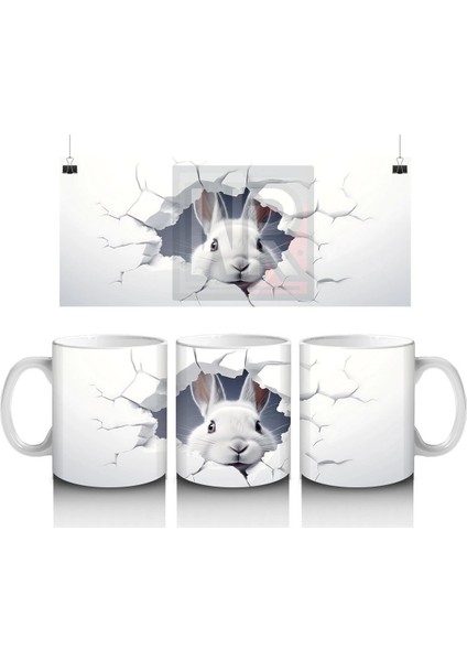 Çatlak Duvardan Bakan Sevimli Beyaz Tavşan – Baskılı Kahve Kupası