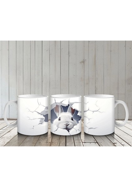 Çatlak Duvardan Bakan Sevimli Beyaz Tavşan – Baskılı Kahve Kupası