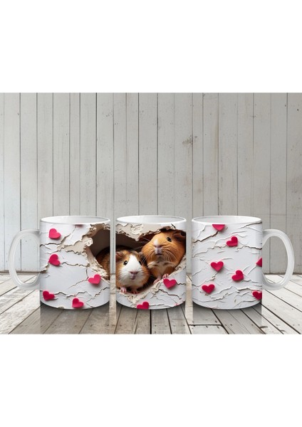 Kalpli Arka Planda Sevimli Kobaylar - Baskılı Kahve Kupası