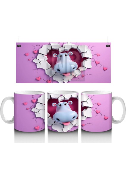 Kalplerle Süslenmiş Sevimli Inek Figürü - Baskılı Kahve Kupası