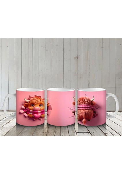 Tatlı Öküz Çiftiyle Pembe Temalı Tasarım - Baskılı Kahve Kupası