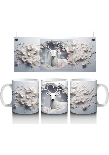 Beyaz Çiçekli Fon Üzerinde Geyik – Baskılı Kahve Kupası