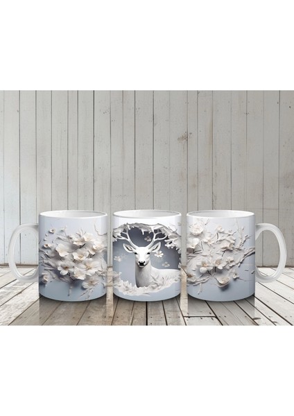 Beyaz Çiçekli Fon Üzerinde Geyik – Baskılı Kahve Kupası