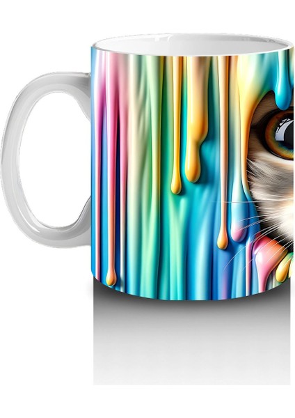 Renkli Arka Planda Büyük Gözlü Sevimli Kedi – Baskılı Kahve Kupası fiyatları