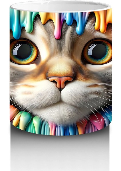 Renkli Arka Planda Büyük Gözlü Sevimli Kedi – Baskılı Kahve Kupası modelleri