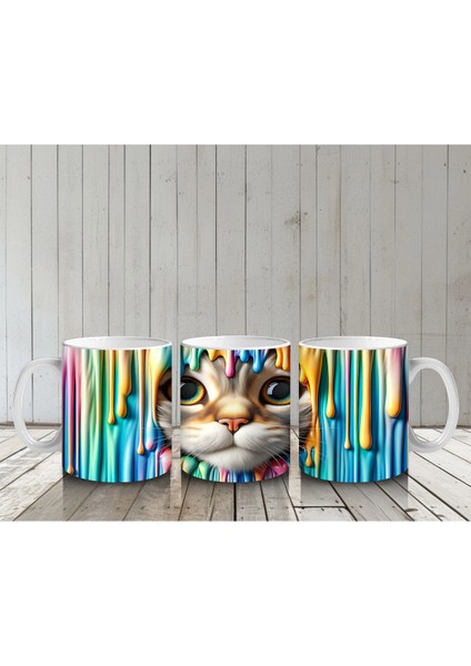 Renkli Arka Planda Büyük Gözlü Sevimli Kedi – Baskılı Kahve Kupası