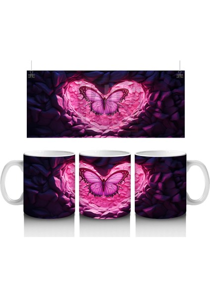 Taşlar Arasında Pembe Kalp ve Kelebek – Baskılı Kahve Kupası