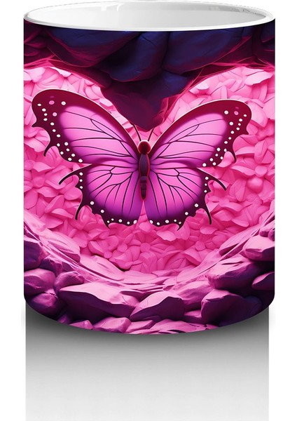 Taşlar Arasında Pembe Kalp ve Kelebek – Baskılı Kahve Kupası modelleri