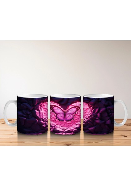 Taşlar Arasında Pembe Kalp ve Kelebek – Baskılı Kahve Kupası indirimleri