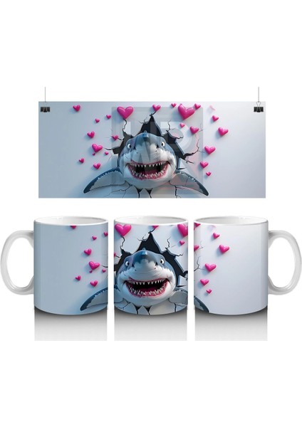 Kalpli Arka Planda Neşeli Köpekbalığı - Baskılı Kahve Kupası
