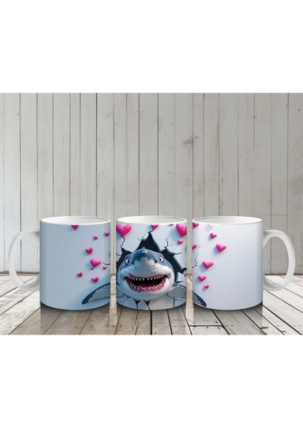 Kalpli Arka Planda Neşeli Köpekbalığı - Baskılı Kahve Kupası