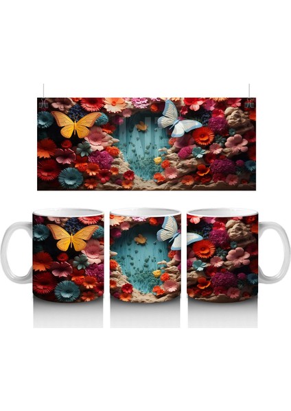 Beyaz Çiçekler ve Uçuşan Kelebekler – Baskılı Kahve Kupası