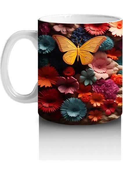 Beyaz Çiçekler ve Uçuşan Kelebekler – Baskılı Kahve Kupası fiyatları