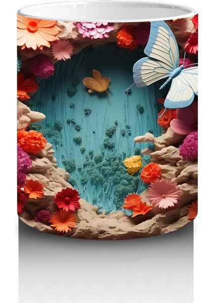 Beyaz Çiçekler ve Uçuşan Kelebekler – Baskılı Kahve Kupası modelleri