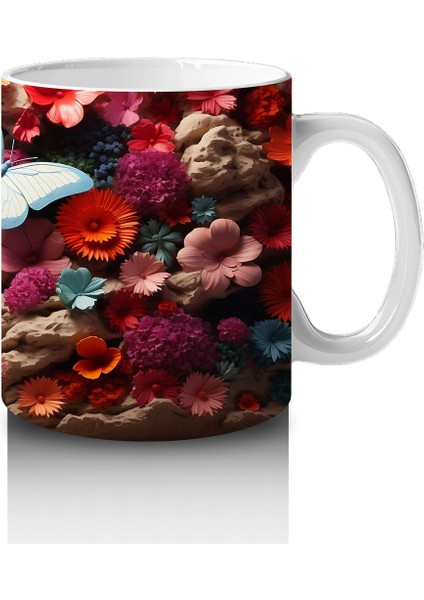 Beyaz Çiçekler ve Uçuşan Kelebekler – Baskılı Kahve Kupası fırsatları