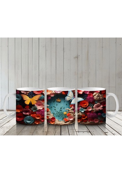 Beyaz Çiçekler ve Uçuşan Kelebekler – Baskılı Kahve Kupası