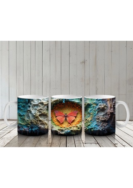 Renkli Taşlarla Çevrili Pembe Kelebek – Baskılı Kahve Kupası