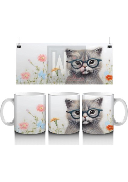 Çiçekli Zemin Üzerinde Gözlüklü Sevimli Kedi – Baskılı Kahve Kupası