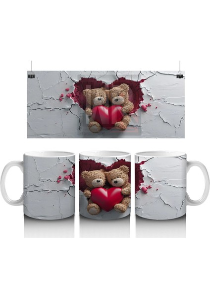 Kalpli Yastık Tutan Sevimli Ayıcıklar – Baskılı Kahve Kupası
