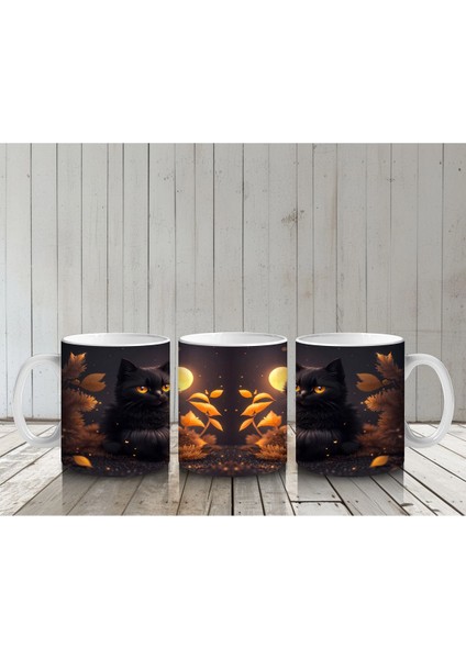 Sonbahar Yaprakları Arasında Siyah Kedi Çifti – Baskılı Kahve Kupası