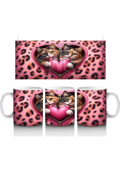 Kalpli Yastığa Sarılmış Sevimli Kedi Çifti – Baskılı Kahve Kupası