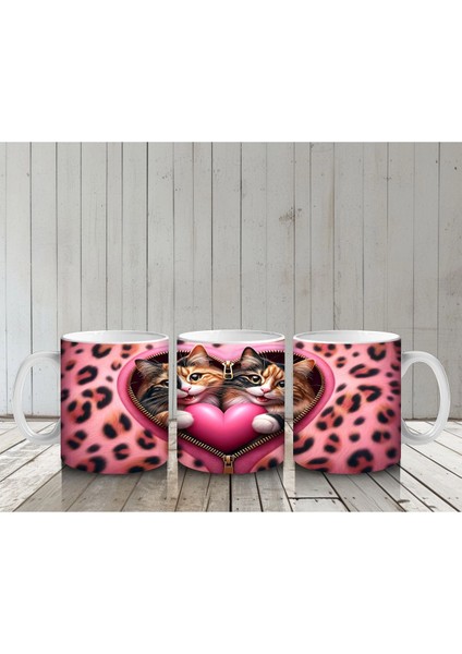 Kalpli Yastığa Sarılmış Sevimli Kedi Çifti – Baskılı Kahve Kupası