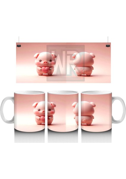 Ön ve Arka Yüzüyle Sevimli Domuz Maskotlar – Baskılı Kahve Kupası