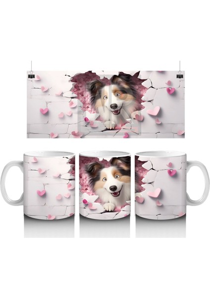 Pembe Kalpli Duvar Arasından Bakan Sheltie Cinsi Köpek - Baskılı Kahve Kupası