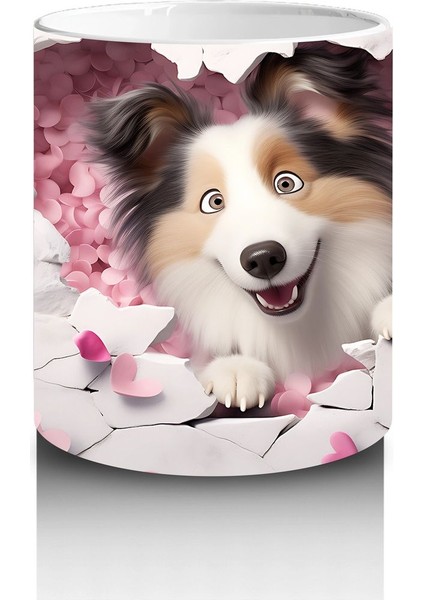 Pembe Kalpli Duvar Arasından Bakan Sheltie Cinsi Köpek - Baskılı Kahve Kupası modelleri