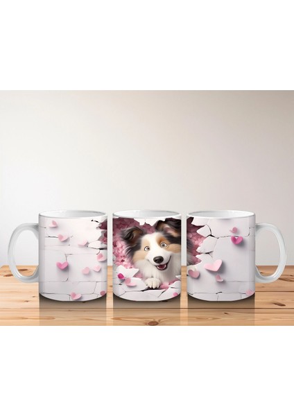 Pembe Kalpli Duvar Arasından Bakan Sheltie Cinsi Köpek - Baskılı Kahve Kupası indirimleri