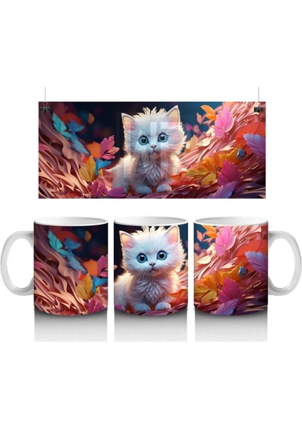 Sonbahar Yaprakları Arasında Mavi Gözlü Kedi – Baskılı Kahve Kupası