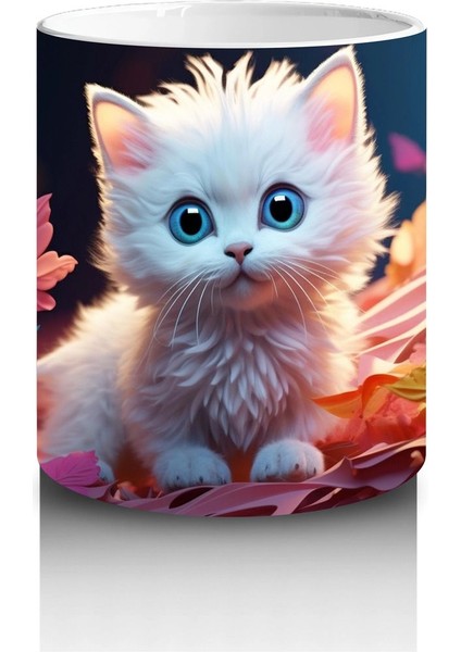 Sonbahar Yaprakları Arasında Mavi Gözlü Kedi – Baskılı Kahve Kupası modelleri