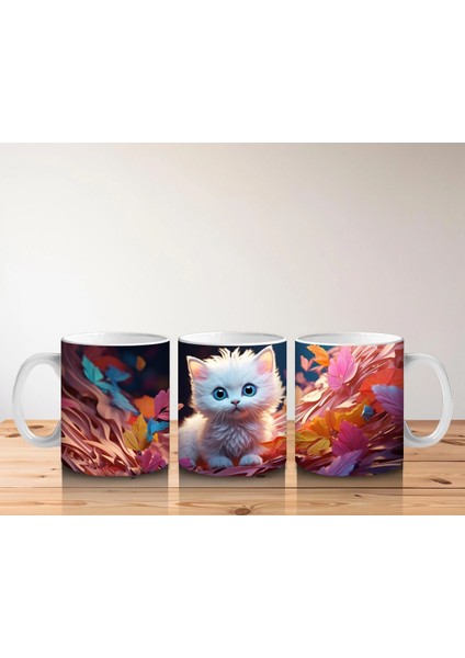 Sonbahar Yaprakları Arasında Mavi Gözlü Kedi – Baskılı Kahve Kupası indirimleri