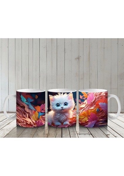 Sonbahar Yaprakları Arasında Mavi Gözlü Kedi – Baskılı Kahve Kupası