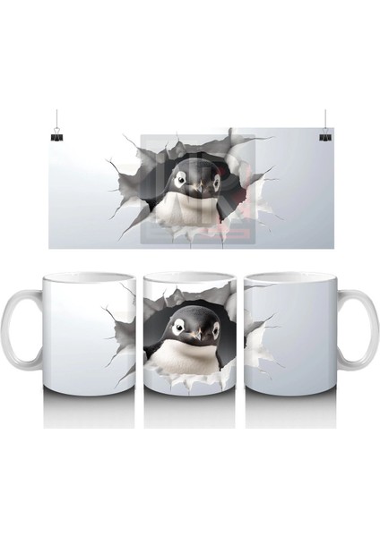 Çatlak Duvardan Bakan Meraklı Penguen – Baskılı Kahve Kupası