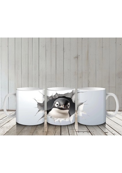 Çatlak Duvardan Bakan Meraklı Penguen – Baskılı Kahve Kupası