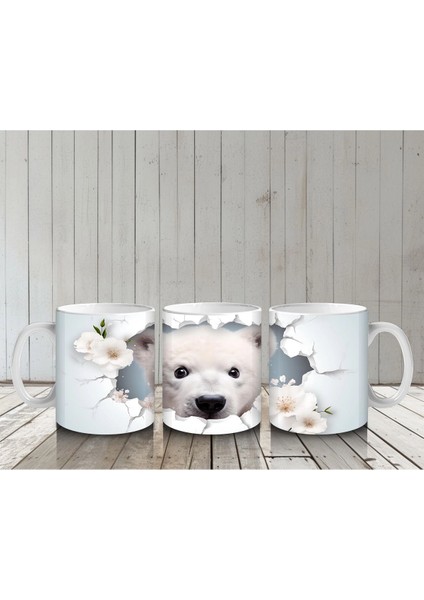 Beyaz Çiçekler Arasında Bakan Kutup Ayısı – Baskılı Kahve Kupası