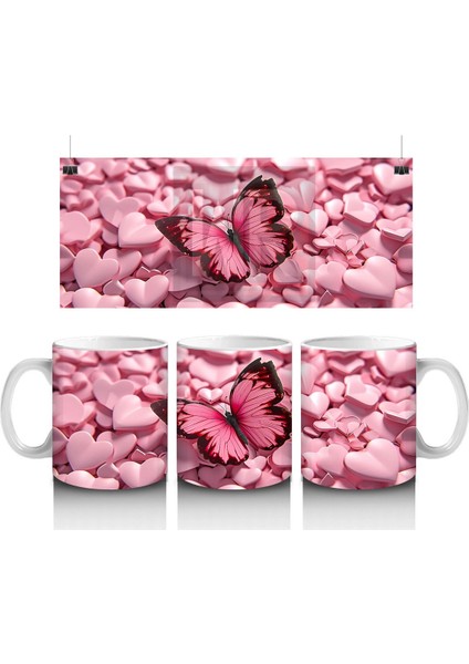 Pembe Kalpler Üzerinde Parlayan Kelebek – Baskılı Kahve Kupası