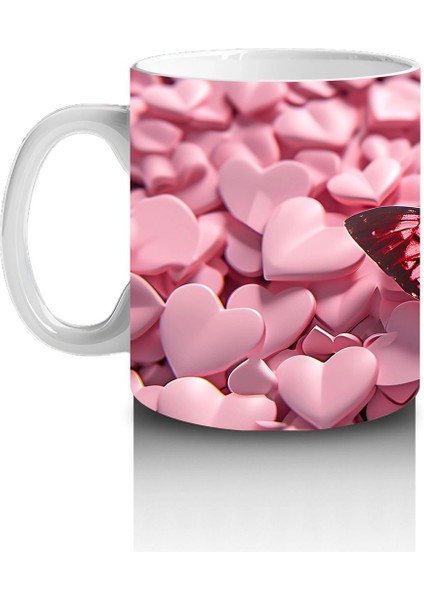 Pembe Kalpler Üzerinde Parlayan Kelebek – Baskılı Kahve Kupası fiyatları