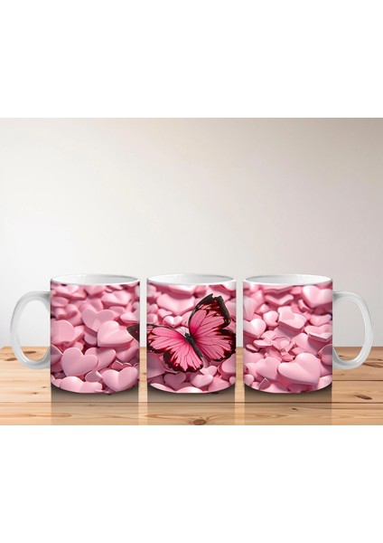 Pembe Kalpler Üzerinde Parlayan Kelebek – Baskılı Kahve Kupası indirimleri