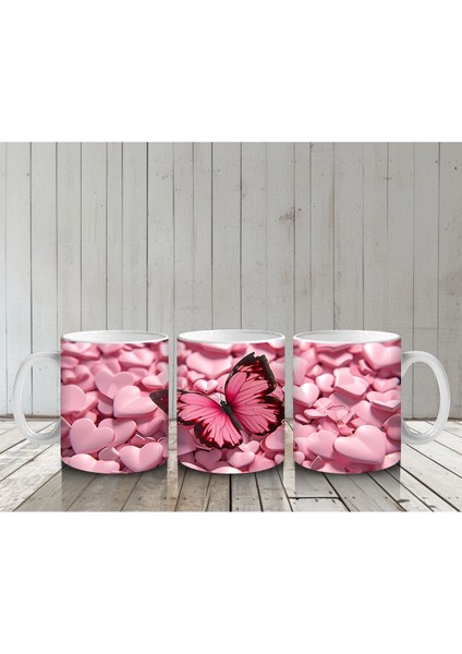 Pembe Kalpler Üzerinde Parlayan Kelebek – Baskılı Kahve Kupası