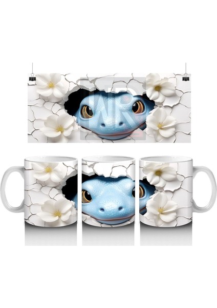Beyaz Çiçekler Arasında Suda Yüzen Mavi Kaplumbağa – Baskılı Kahve Kupası