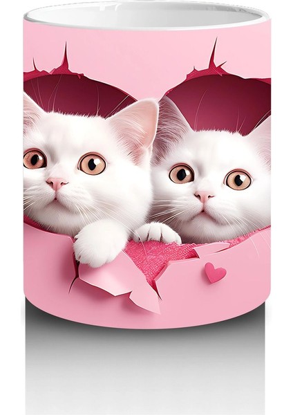 Kalp Çatlağından Bakan Ikiz Sevimli Beyaz Kedi – Baskılı Kahve Kupası modelleri