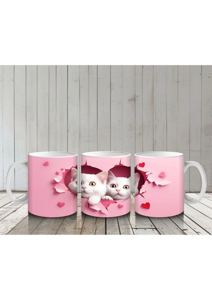 Kalp Çatlağından Bakan Ikiz Sevimli Beyaz Kedi – Baskılı Kahve Kupası