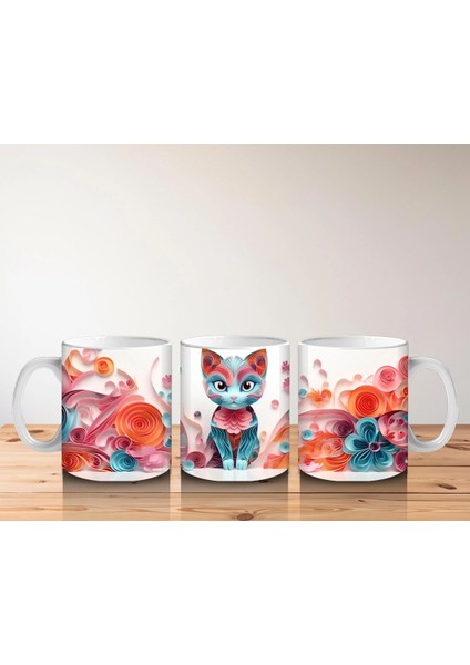 Renkli Çiçekli Desende Mavi Gözlü Kedi – Baskılı Kahve Kupası indirimleri