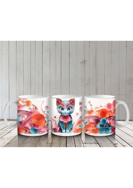 Renkli Çiçekli Desende Mavi Gözlü Kedi – Baskılı Kahve Kupası