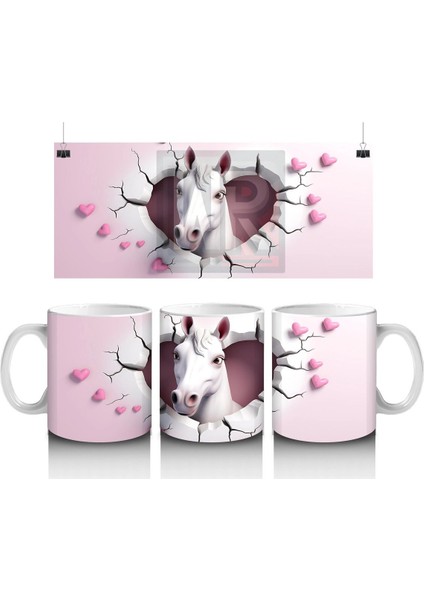 Pembe Duvar Arasında Romantik At Figürü – Baskılı Kahve Kupası