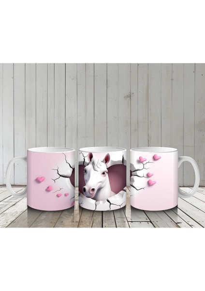 Pembe Duvar Arasında Romantik At Figürü – Baskılı Kahve Kupası