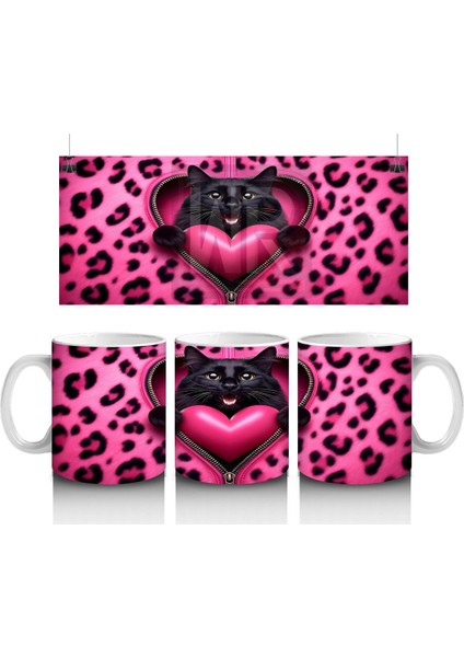 Siyah Kediler ve Pembe Kalp – Baskılı Kahve Kupası