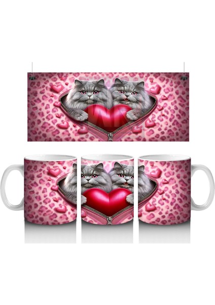 Kalp Figürü Tutan Leopar Desenli Sevimli Kedi Çifti - Baskılı Kahve Kupası